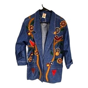 Vintage GW Graff DENIM embellished Spring Bird long Blazer Jean Jacket sz 12